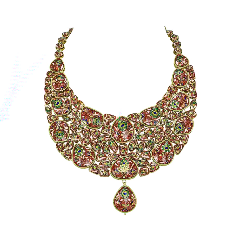 Polki Necklace with Green Chuddi Work and Teardrop Pendant